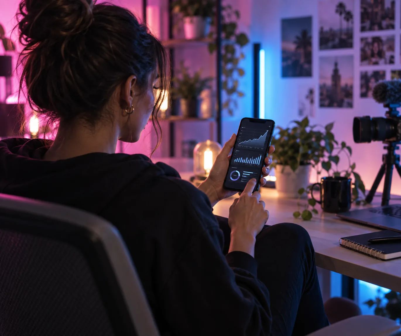 Kurzvideo-Creator, der an einem modernen Schreibtisch einen Analytics-Bildschirm auf dem Smartphone prüft, stimmungsvolle rosa und blaue Beleuchtung