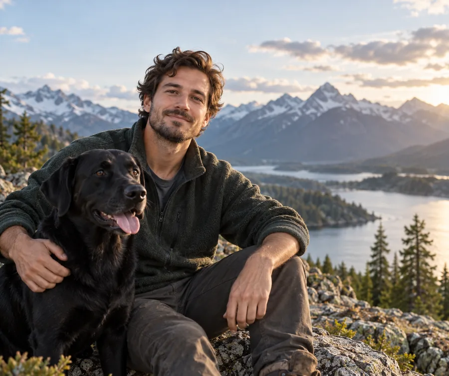 Porträt eines entspannten Gründers im Freien mit einem schwarzen Hund und Berglandschaft im Hintergrund, natürliches Licht