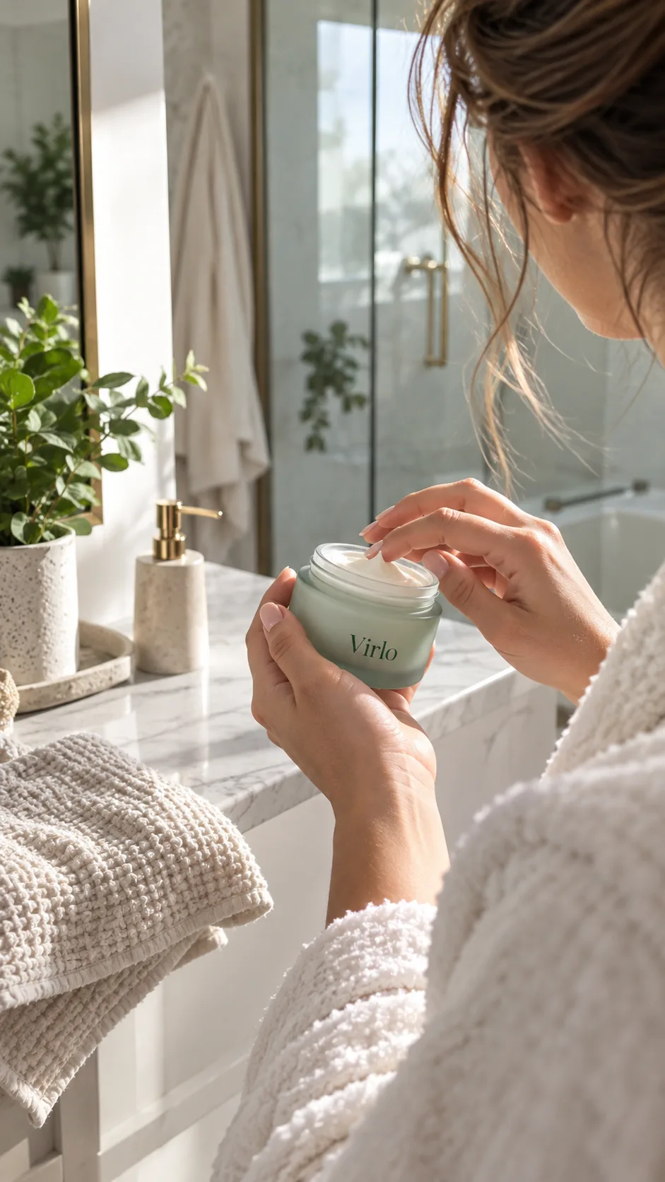 Nahaufnahme eines Skincare-Creators, der ein helles vertikales Video in einem sauberen Badezimmer aufnimmt, redaktionelle Social-Media-Atmosphäre