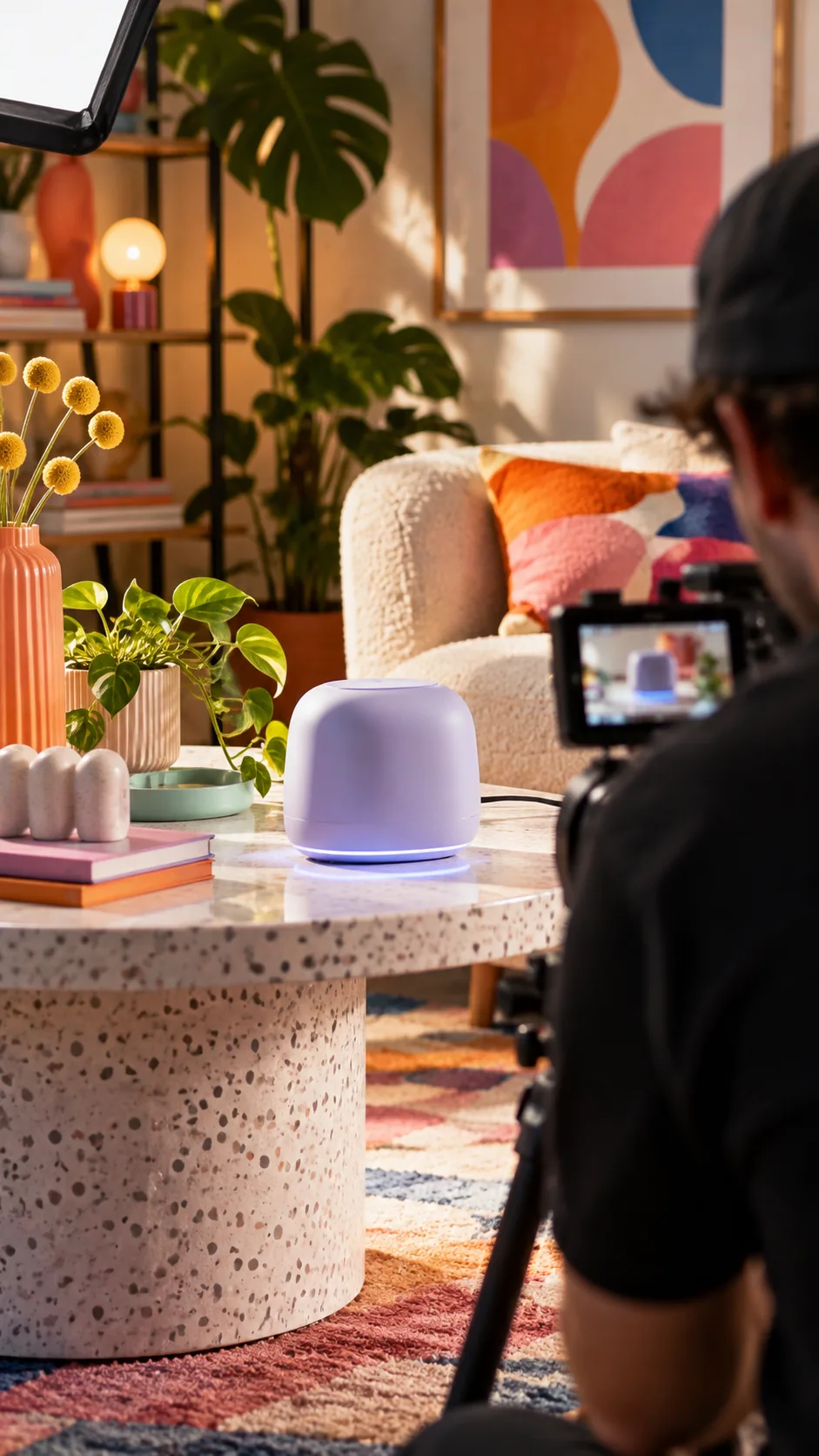 Farbenfrohes Direct-to-Consumer-Produkt-Setup, das vertikal für ein Shopping-Video gefilmt wird, klare kommerzielle Beleuchtung